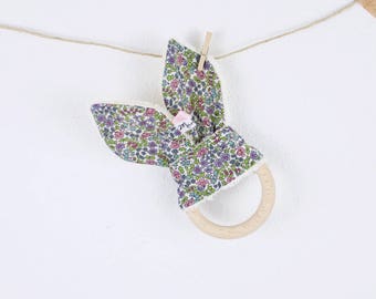 Teething ring baby, rattle, biological and liberty plush, rabbit ears, wooden ring