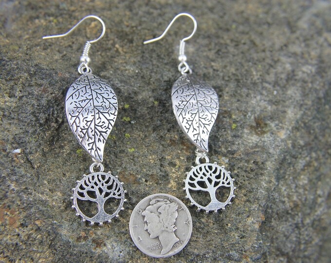 Silver Tree of Life and Leaf Earrings, Perfect Gift for Nature Lovers and a Great BoHo addition to Her Jewelry Collection