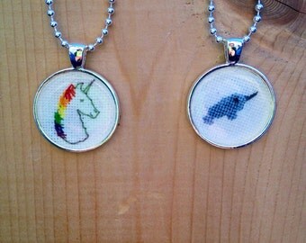 Handmade cross stitch creature necklace