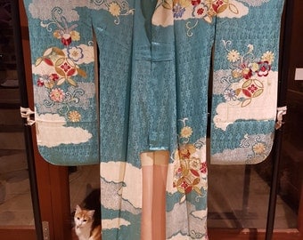 Retro Shoken Silk Furisode Kimono - Sky and Clouds