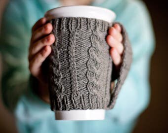 Knit Starbucks Cup, Coffee Sleeve, Cabled Coffee Cup, Reusable wrap mug, Knit Mug cupholder, Tea Mug Cozy, Knit Starbucks, Gifts Under 20