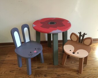 Kids table & chairs | Hand painted poppy flower table | Children's wood furniture | Woodland animal stools | Toddler chairs
