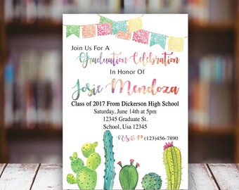 Cactus Watercolor Fiesta Graduation Invitation Digital File