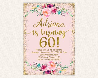 Floral 60th birthday invitation pink and gold glitter, womens 60th birthday party invite, printable digital file jpg 5x7 size 11a
