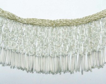 Off White Beaded Fringe Trim, Decorative Lamp Shade, Sewing Crafts Trimmings, Long Fringe Trim, 4" Inch Wide RIbbon By The Yard FRT476B