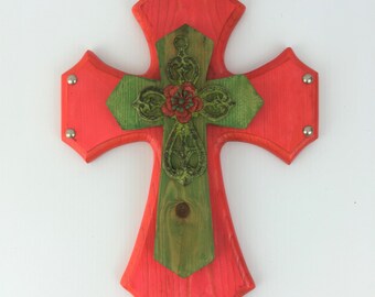 Coral and Green Decorative Wall Cross