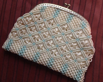 Vintage purse, blue and cream c1950s-60s