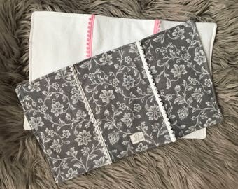 Set of Gray and White Floral Burp Cloths