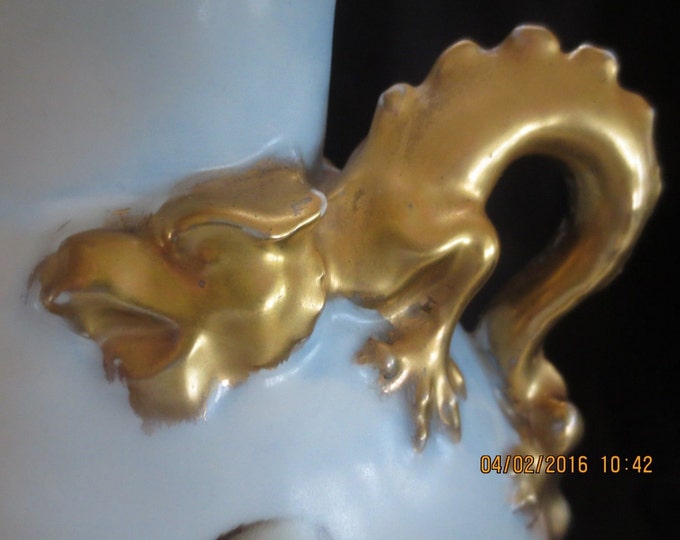 Gorgeous Antique Limoges Pouyat Dragon Handle Large Pillow Vase