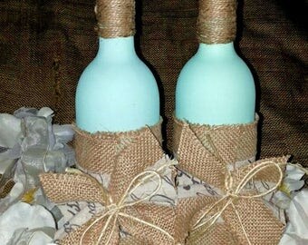 Decorative Wine Bottles, Tiffany Blue decor, Shabby Chic decor, Rustic Wine Bottles, Painted bottles, Set of Two