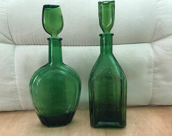 Two Vintage Green Wheaton Reproduction Apothecary Glass Bottles