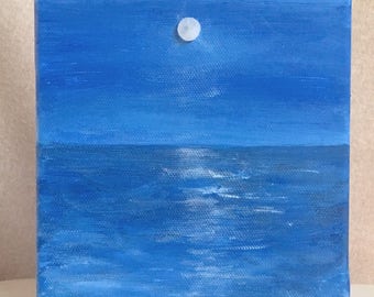 Moon painting seascape painting moon rising over ocean, 6" square w/ stone moon Topsail. Moonrise blue, gift, beach house, coastal decor