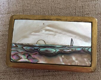 Beautiful Abalone and Mother of Pearl Belt Buckle / Sail Boat / Sunset / Horizon