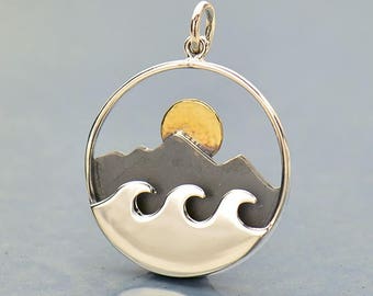 Mountain Range and Ocean Waves Pendant with bronze sun - Travel Jewelry - Mixed Metals Mountains - DIY Jewelry- Add to your necklace- Beach
