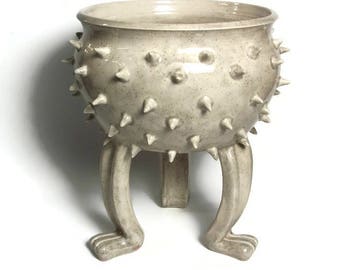 Ceramic Plant Pot - Ceramic planter - Succulent planter - Grouchy Pot - Speckled Gray - Planter Pot with Sculpted Feet and Spikes
