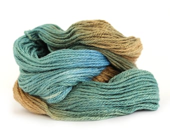 Aran worsted wool, handdyed merino silk crochet yarn, Perran Yarns Pandora's Forest, forest green sea blue brown variegated skein uk seller
