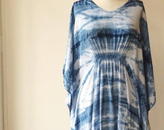 Hand Dyed Indigo Kaftan in Even Tide, Rayon Gauze, Anna Joyce, Portland, OR,
