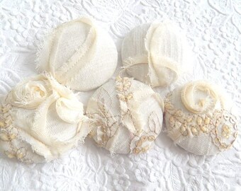 5 ivory beaded sequinned ruffled buttons, 1 7/8 inches, 1.9 inches, 4.7 cm, 48.26 mm, size 75 buttons