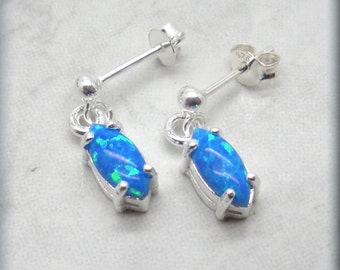 Marquise Blue Opal Earrings Sterling Silver Studs October Birthstone Jewelry Dangle Simple Everyday Post Earrings Drop Gift for Her (SE671)