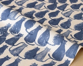 Japanese Fabric stamped cats - indigo blue - 50cm