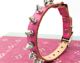 Bubblegum Pink Leather Cat Collar with Petite Silver Metal Spikes, Tough Girl Collar, Size to fit a 8-10in Neck, Seattle Handmade in USA