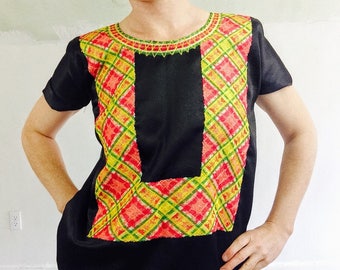 Satin Tehuana Huipil aka Frida Kahlo Blouse. Large-Small. Oaxaca, Mexico.