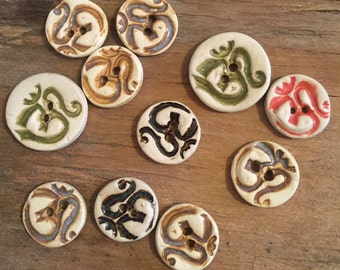 FREE SHIPPING Set of 11 Handmade Ceramic Buttons - Om