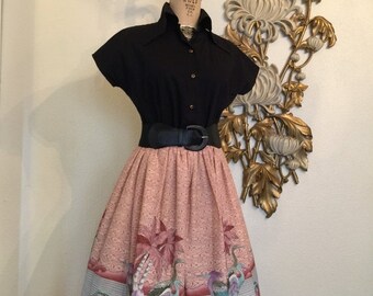 1980s skirt novelty print skirt size medium full skirt vintage skirt bird print skirt 28 waist cotton skirt