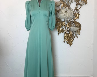 1970s dress puff sleeve dress maxi dress size small green dress vintage dress biba style dress 32 bust