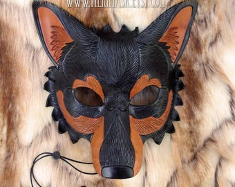 READY TO SHIP Black and Tan Wolf Leather Mask... handmade leather wolf mask masquerade costume Mardi gras Halloween burning man