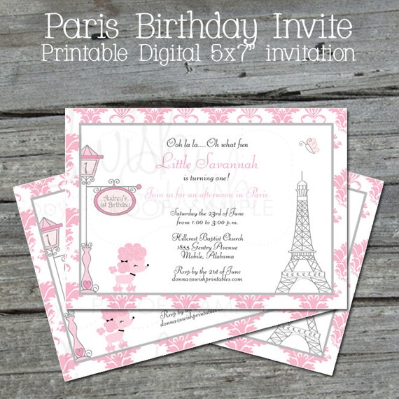 Paris birthday Invite - digital printable invitation - Ooh-la-la - Chic Poodle Paris Party - 5x7 printables Il_570xn