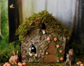 Rose Cottage Fairy House, Fairy GardenFREE SHIPPING, Miniature Garden House, Outdoor Fairy House, Stone Cottage Garden Decor, English Garden