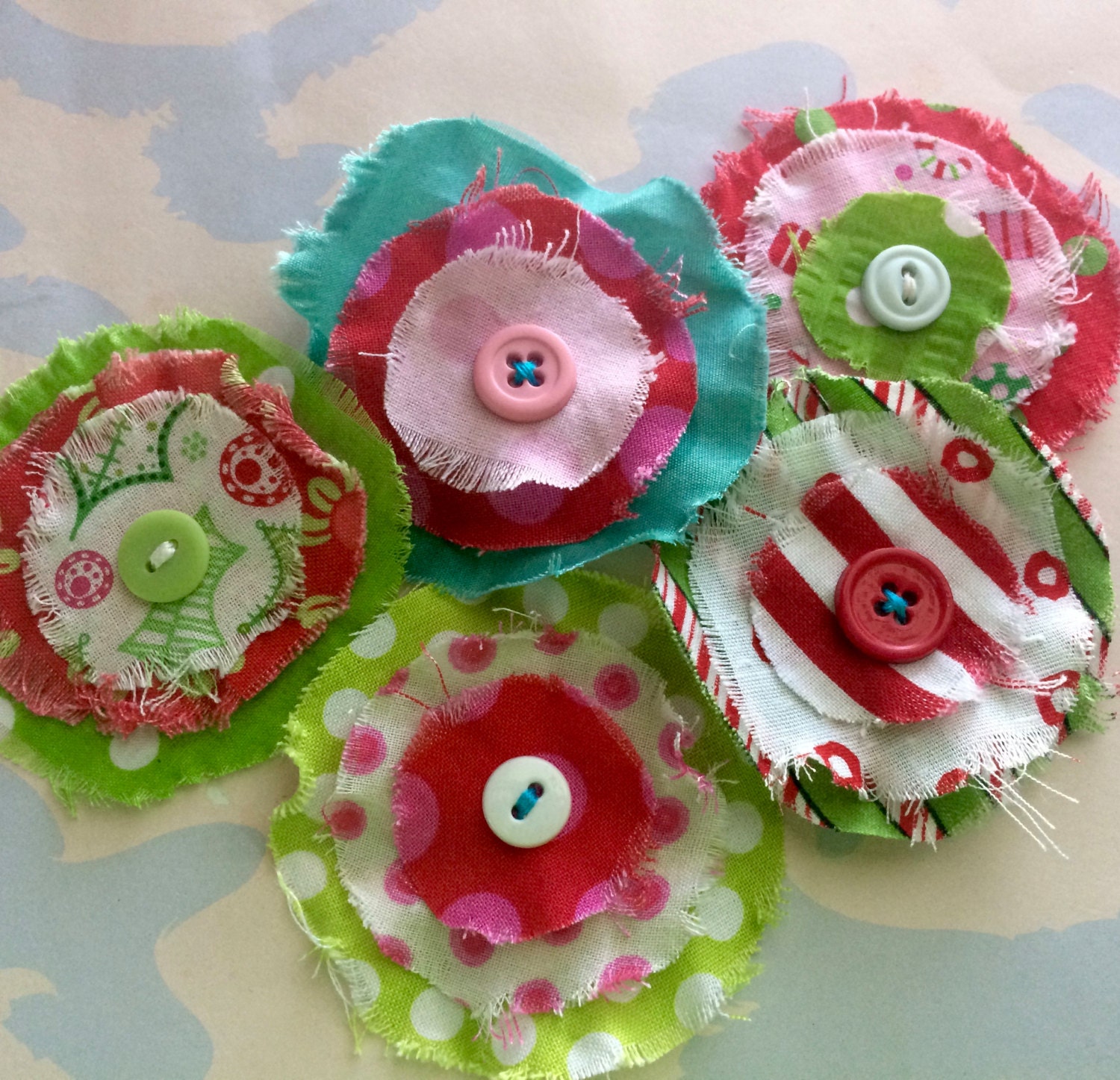 Frayed Fabric Flower Embellishments Holiday by trinketsnh on Etsy