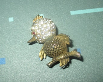 Vintage Cute Pave Rhinestone Baby Bird Pin Signed Capri