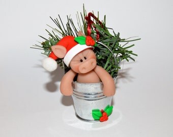 Pig in Pail Polymer Clay Christmas Ornament