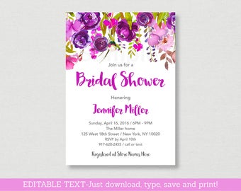 Purple Floral Bridal Shower Invitation / Floral Bridal Shower Invite / Watercolor Floral Invite / Editable PDF INSTANT DOWNLOAD B106