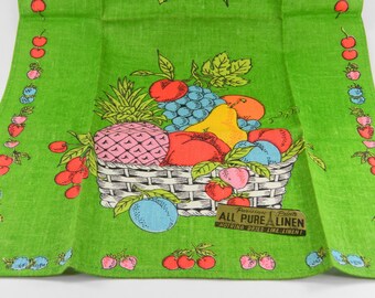 Bright Fruit Basket Vintage Linen Kitchen Towel NWT Parisian Prints Lime Green, Colorful