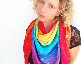 Rainbow Essence - Rainbow Silk Scarf, Chakra Scarf, Ibiza Scarf, Square Scarf, Rainbow Shawl, Colorful Scarf, Positive Scarf, Designer scarf