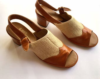 Vtg 70's Slingback Sandals Woven Peeptoe 6.5 7
