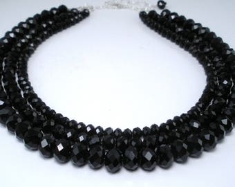 floral decoupage bead necklace with jet black faceted beads