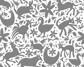 Grey Festive Otomi Fabric - Mexico Springtime Grey On White (Large Scale) By Sammyk - Otomi Cotton Fabric By The Yard With Spoonflower