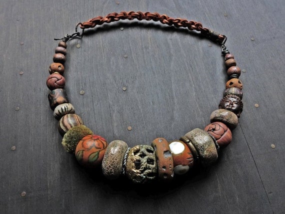 Chunky brown beaded choker - earthy artisan and antique beads - "Geolatry" 