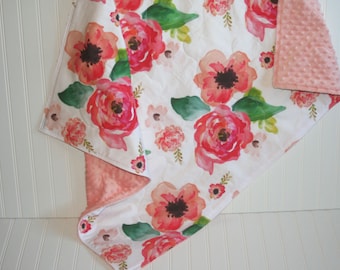 baby girl quilt- baby quilt- floral baby quilt -floral baby blanket-minky baby quilt- baby bedding - crib bedding- girl crib bedding