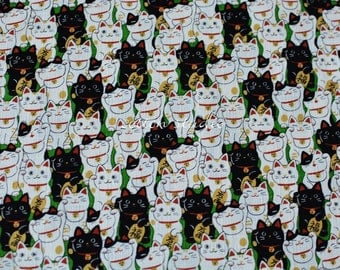 Japanese Fabric Cat Manekineko Green by the Half Yard