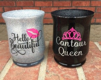 Set of 2 Glitter Makeup Brush Holder / Hello Beautiful / Contour Queen / Lips / Makeup Accessories / Women's Gift / Sparkle/ Brush Organizer
