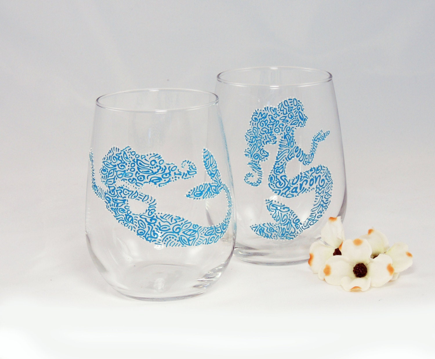 Mermaid wine glasses Set of 2 hand painted stemless glasses