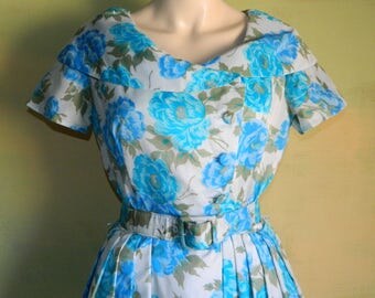 S 50s 60s Blue Floral Dress Shawl Collar Pleated Shirt Waist Bias Bodice Mad Men Betty Draper Spring Jannell California Dress vfg Blue Rose