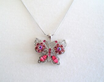 Sparkling Fuchsia Crystals Butterfly Pendant Necklace