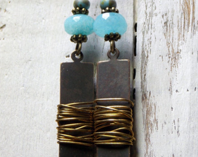 Bar Earrings Woodland Gemstone Boho Earrings Amazonite Brass Wire Wrapped Long Light Earrings Aqua Drop Earrings Textured Rustic Jewelry