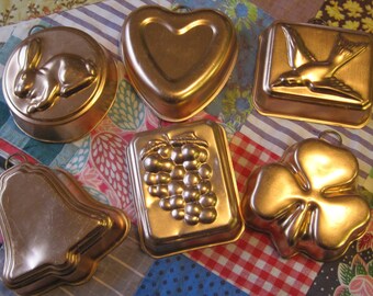 Set of 6 Copper Molds Bird Heart Grapes Bell Cloverleaf Bunny